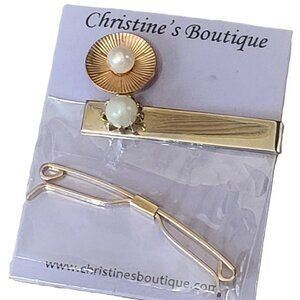 Set of 3 Tie Clips and Tie Tack w/ Pearl Accents Krementz gold plated